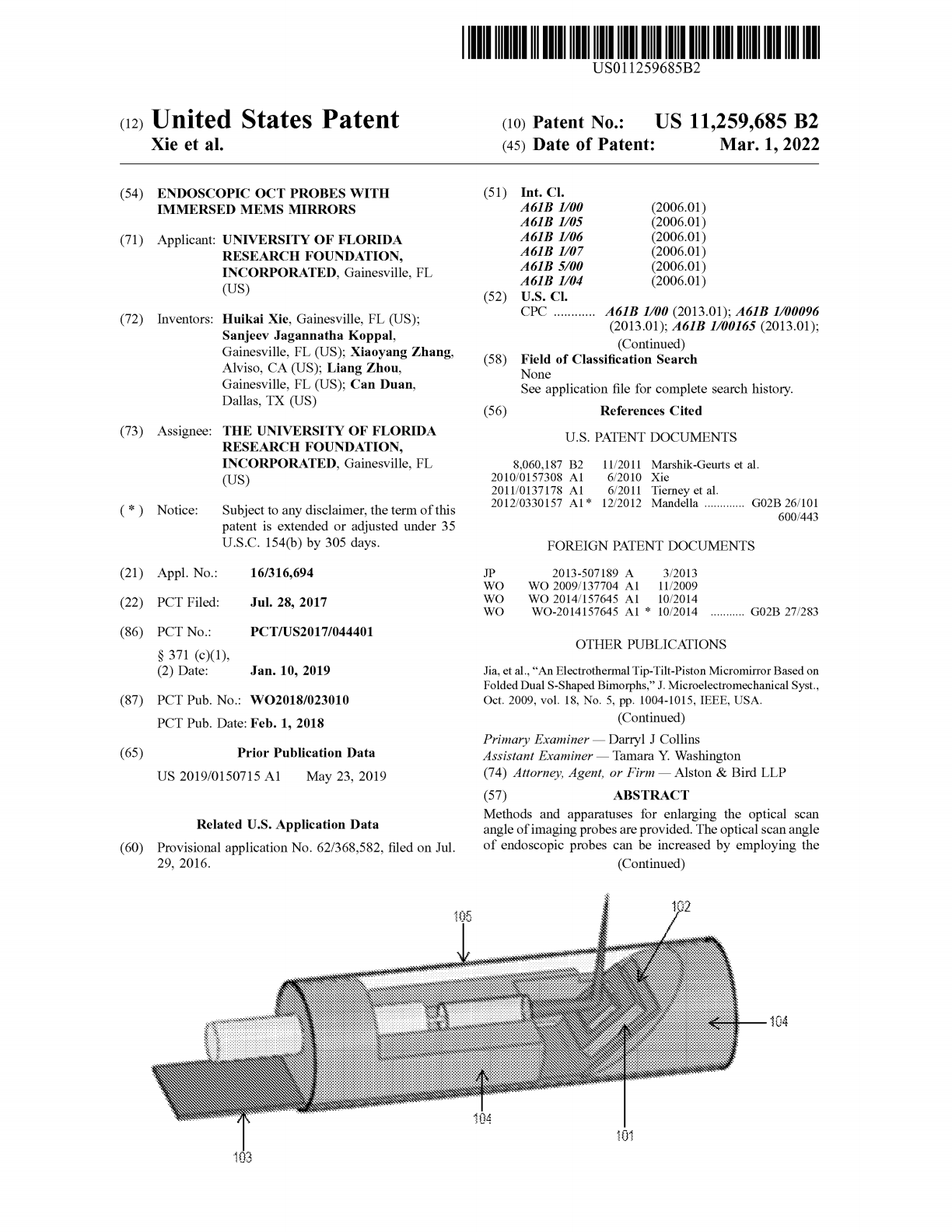 美国发明专利Endoscopic OCT probes with immersed MEMS mirrorsH Xie, SJ Koppal, X Zhang, L Zhou, C Duan_00.png